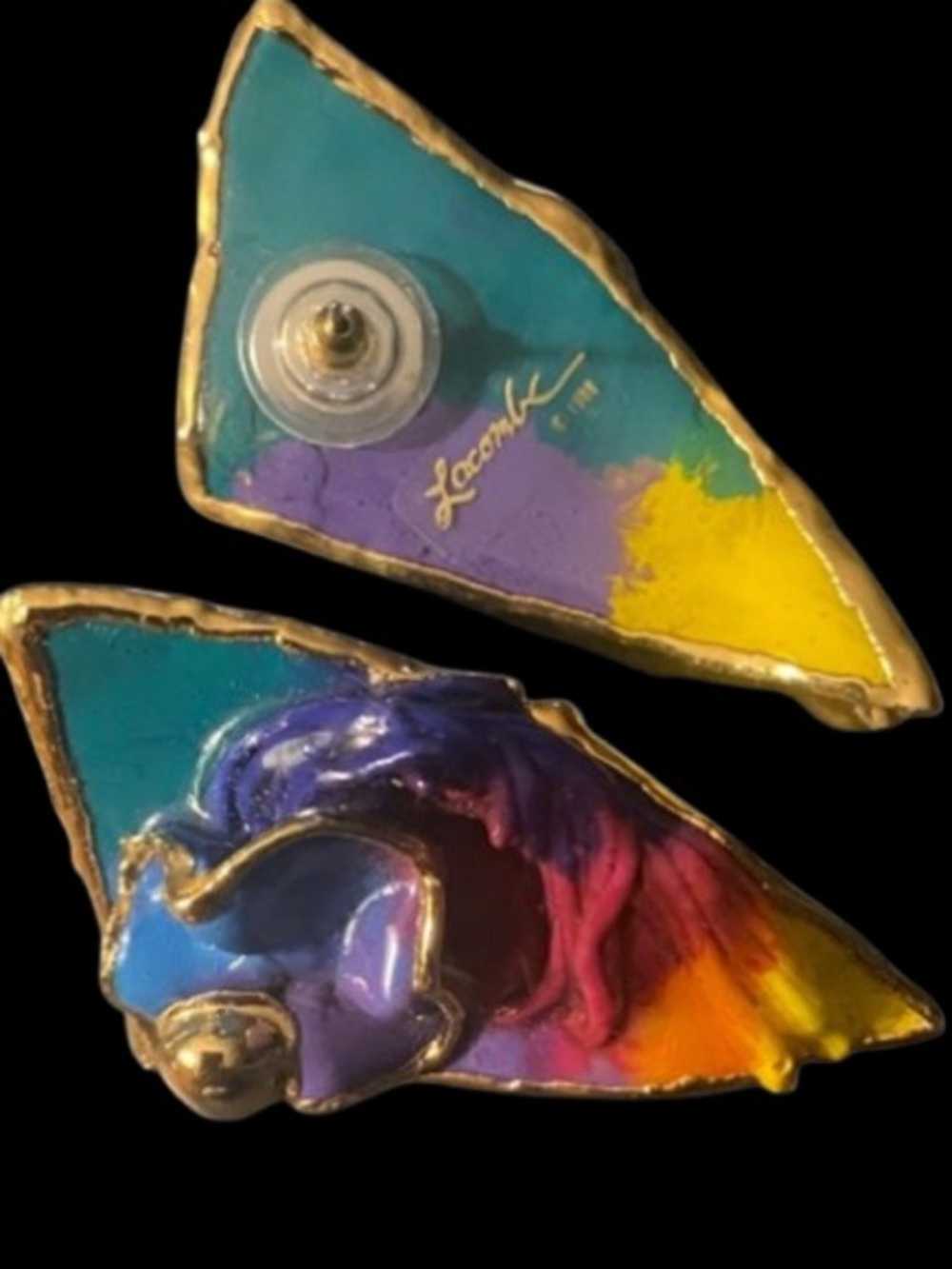 Vintage Hand-Crafted Amy Lacombe Wearable Art Abstract Colors Pierced Earrings